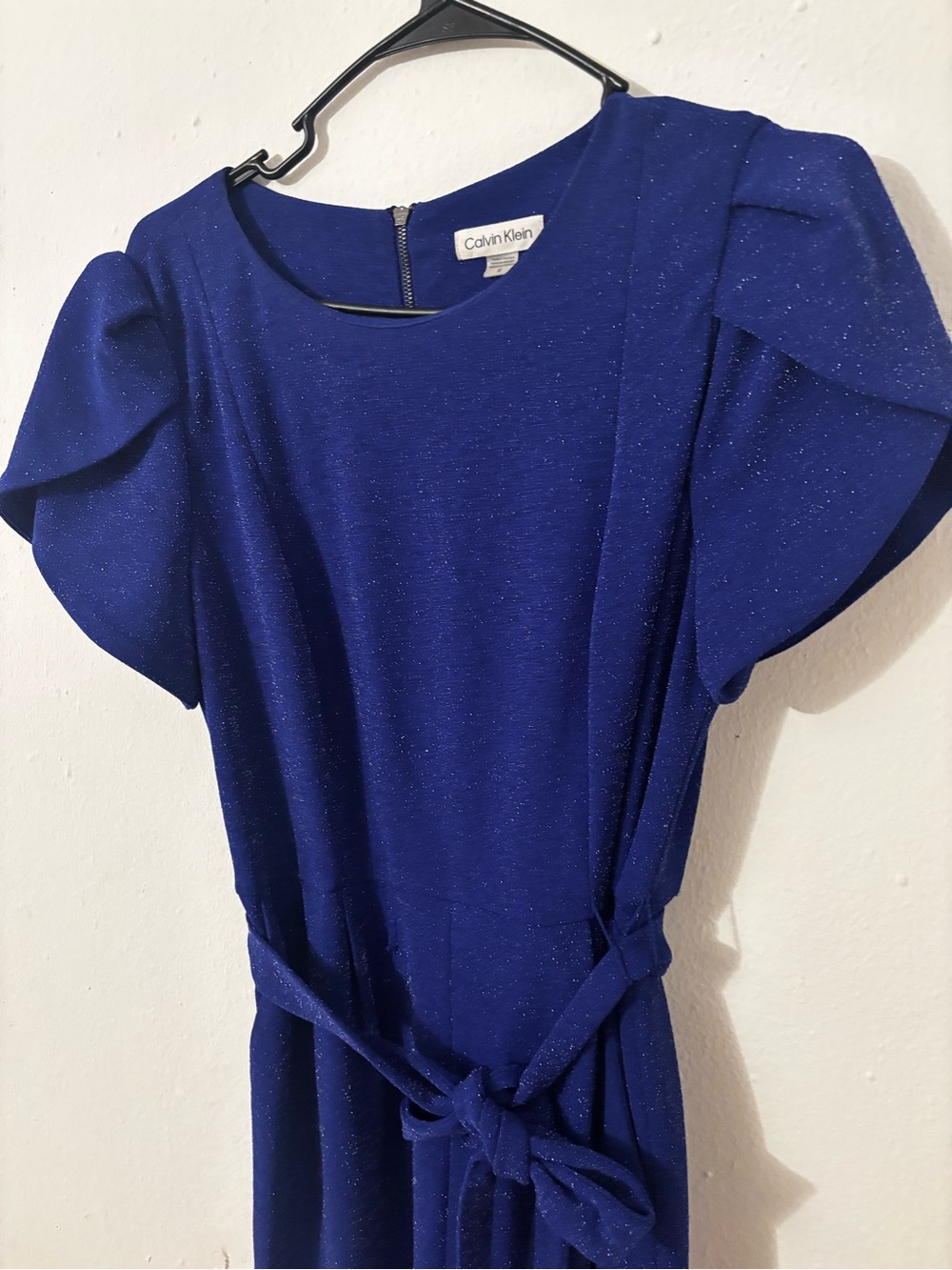 Calvin Klein Cobalt Blue Belted Midi Dress with Flutter Sleeves
